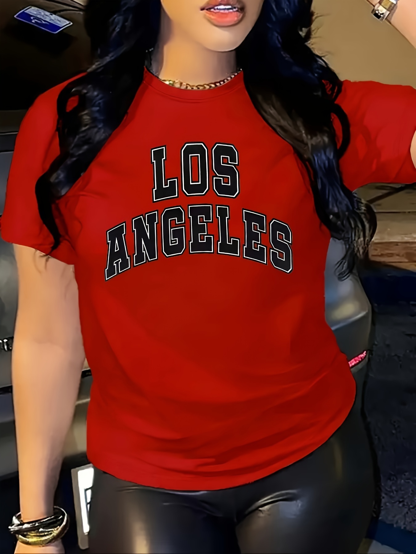 T-shirt rouge femme LOS ANGELES décontracté col rond manches courtes hauts femmes à manches courtes T-Shirt style décontracté col rond été