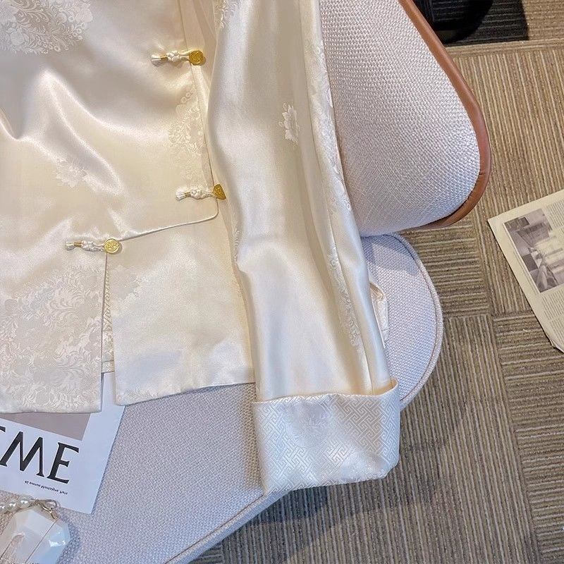 Chemise en Satin de Style chinois pour femmes, hauts blancs à bascule, manches longues, amples, assortis avec tout, nouvelle collection printemps automne Y2k, 2026