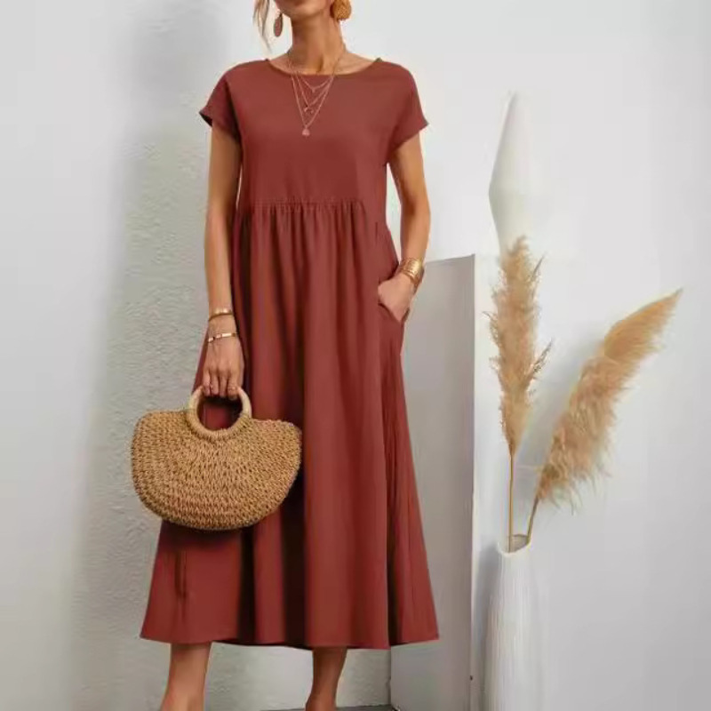 Robes pour femmes en coton et lin, mi-longues, décontractées, à manches courtes, coupe ample, style A-line, avec poches, couleur unie, robe longue oversize
