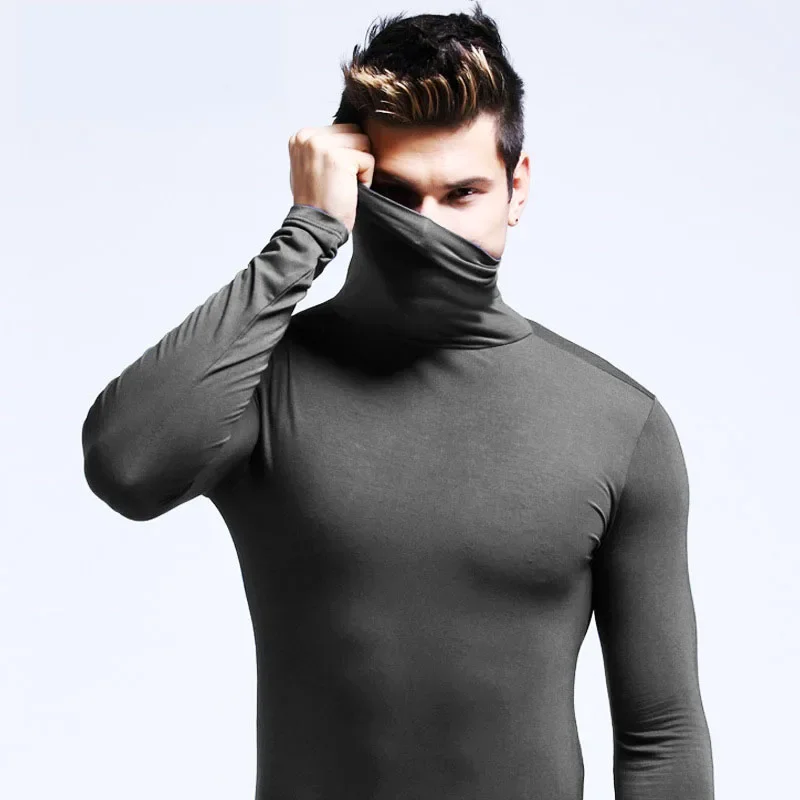 Chemises originales pour hommes T-Shirt automne/hiver vêtements intérieurs à la mode pour hommes chemise à col roulé coupe ajustée chemise à manches longues noire unie