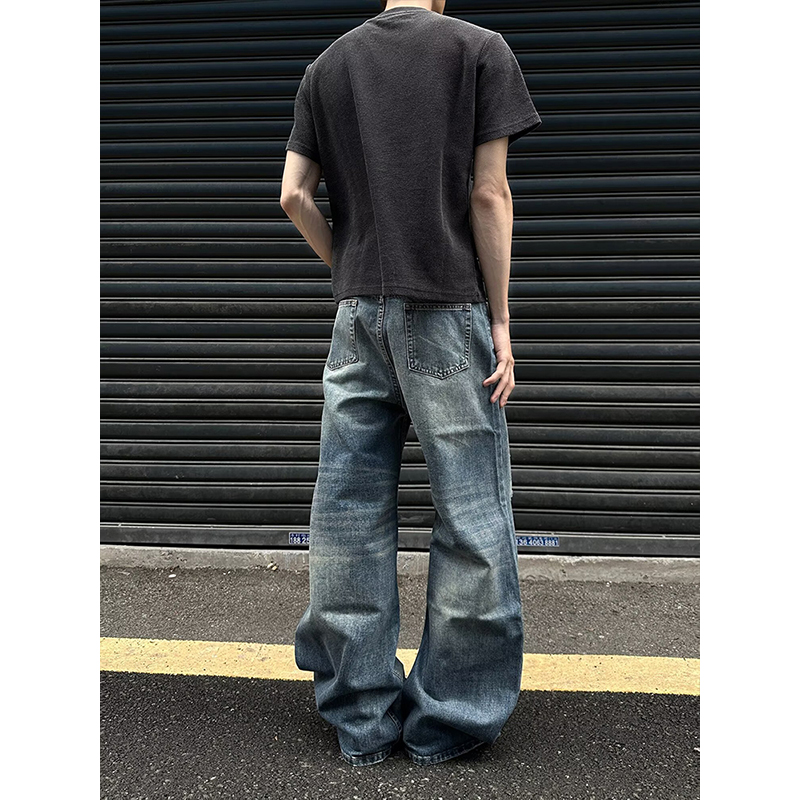 Jean pour homme robuste, délavé, multi-poches, style charpentier, coupe droite ample, décontracté, style urbain