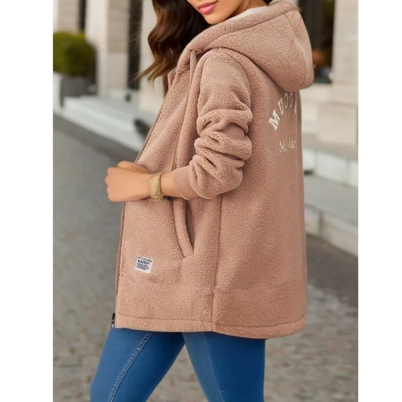 Haut à capuche pour femme Manteau d'hiver Sweat-shirt doublé de polaire épaissi Cardigan Hiver tendance Nouveau style Veste en laine d'agneau Femme