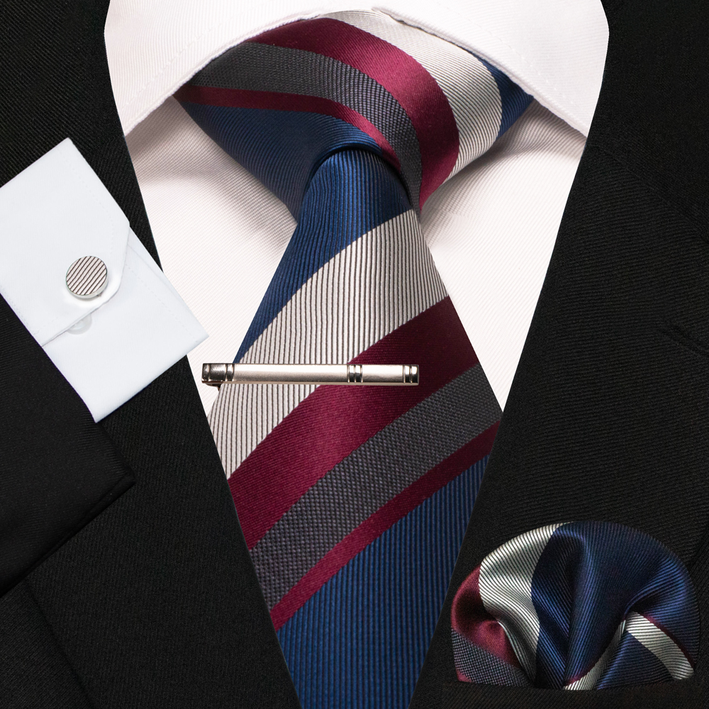 KAMBERFT nouveau classique soie hommes cravate rouge or rayé hommes cravate mouchoir boutons de manchette ensemble mariage affaires fête Gravatas