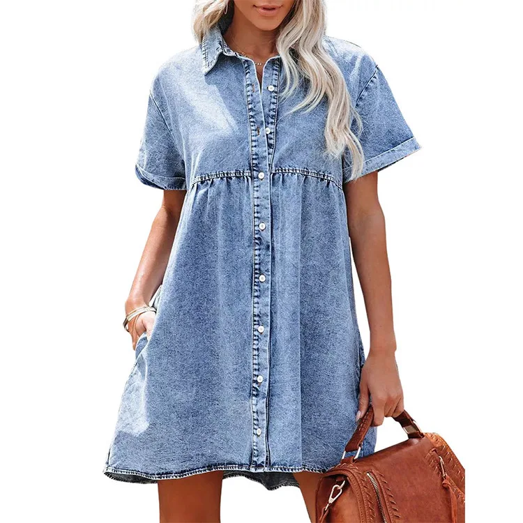 Robe chemise en jean pour femmes, manches courtes, col rabattu, en jean, simple boutonnage, haut décontracté, bord à volants