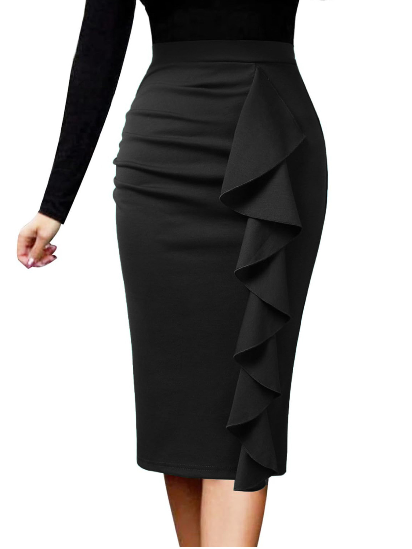Jupe décontractée taille haute pour femme, style ajusté, longueur genou, avec volants et fente latérale, idéale pour le travail