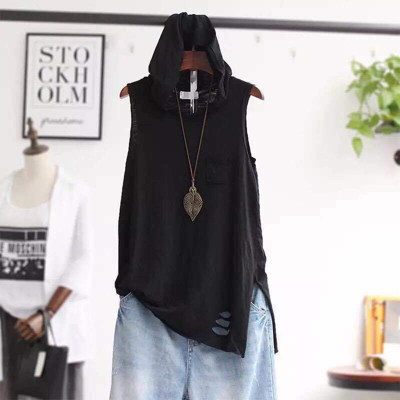 New Loose Hooded Sleeveless High Street Vest Summer Solid Loose Hole All-match Fashion T Shirt Tops Casual Trend Women Clothing