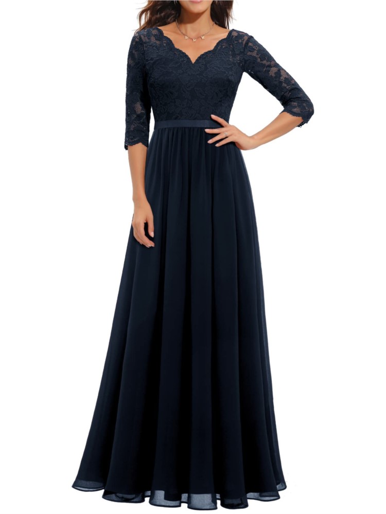 Mode dentelle Robe ample pour les femmes élégant solide trois quarts col en V taille haute robes Robe Femme formelle soirée nouveau