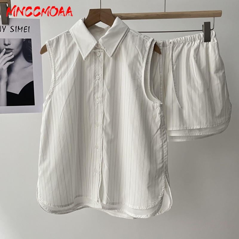 Ensemble chemise sans manches rayée blanche et short à taille élastique pour femme, ensemble décontracté d'été en deux pièces
