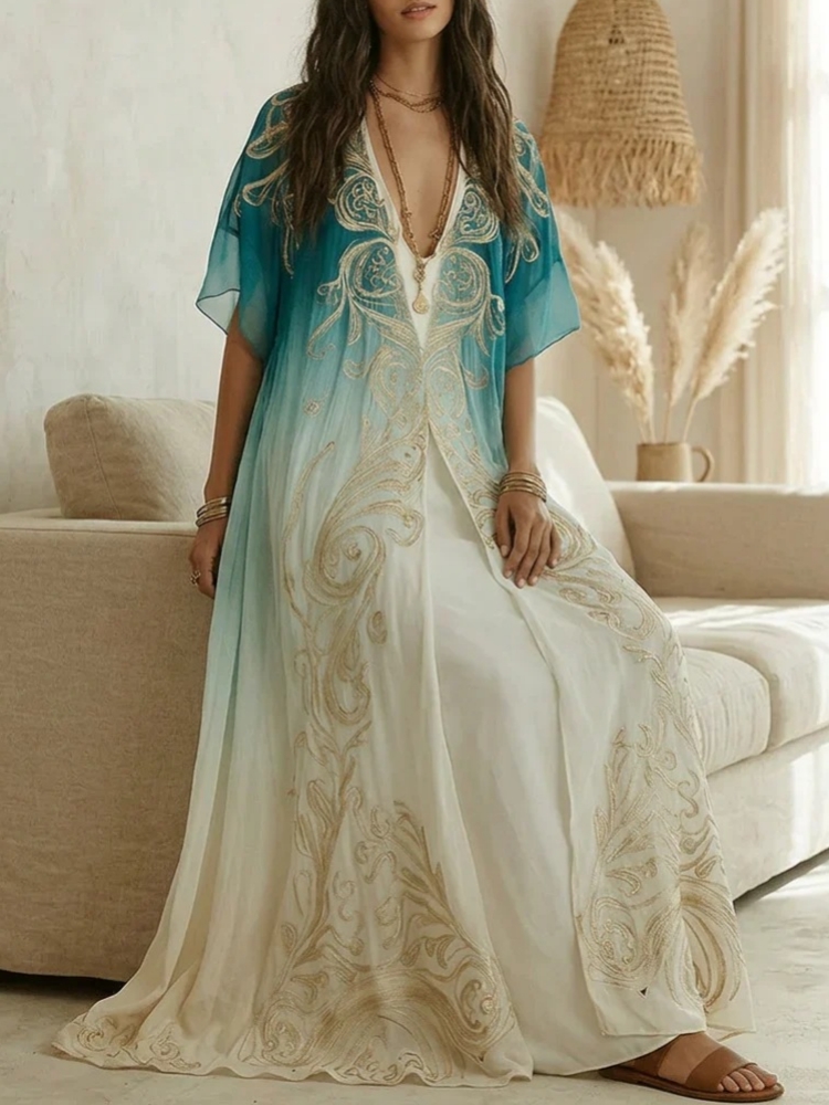 Robe élégante pour femmes en mousseline de soie, imprimé dégradé rétro, col en V profond, double couche, fluide, décontractée, style bohème, vêtements d'été