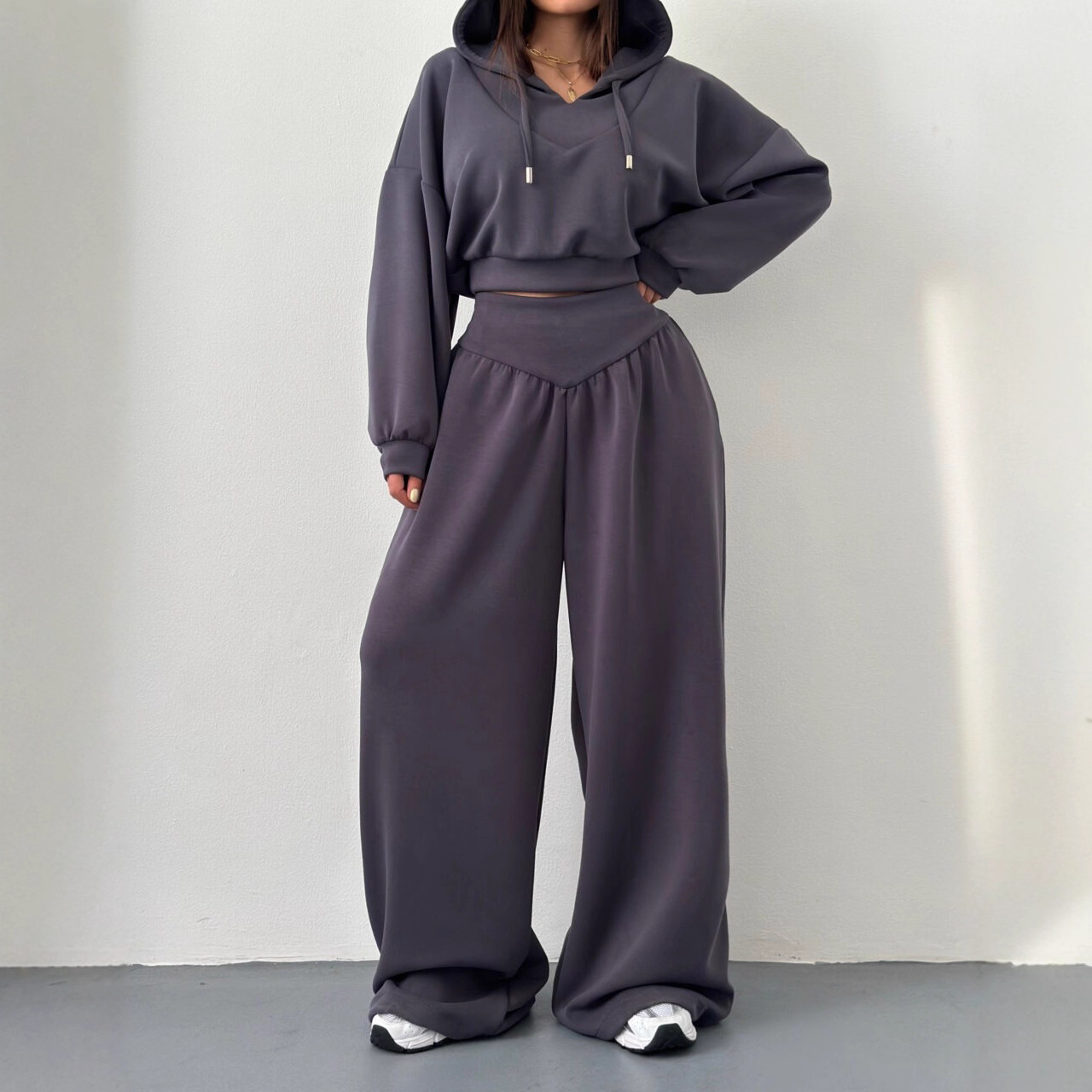 Ensemble de pantalons décontractés confortables pour femmes, style sportif, sweat-shirt court à capuche, pantalon taille haute, ensemble deux pièces, streetwear féminin