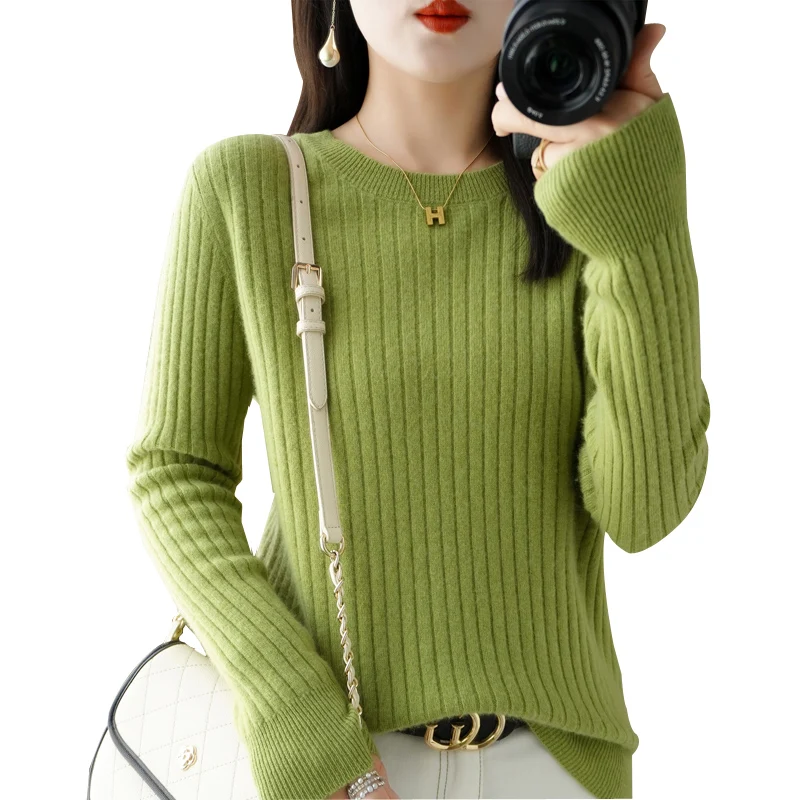 Pulls pour femmes 2026 – Nouveauté automne-hiver, manches longues, col rond, rayé, chaud, style coréen, chemises de base amples
