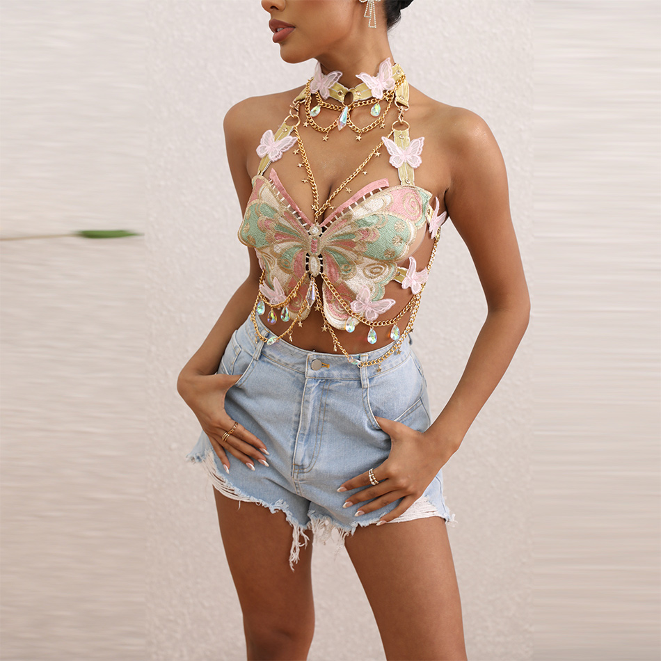Haut court papillon brodé pour femme, col licou rose, robe dos nu sexy avec tour de cou, pendentif JOCrystal en métal drapé