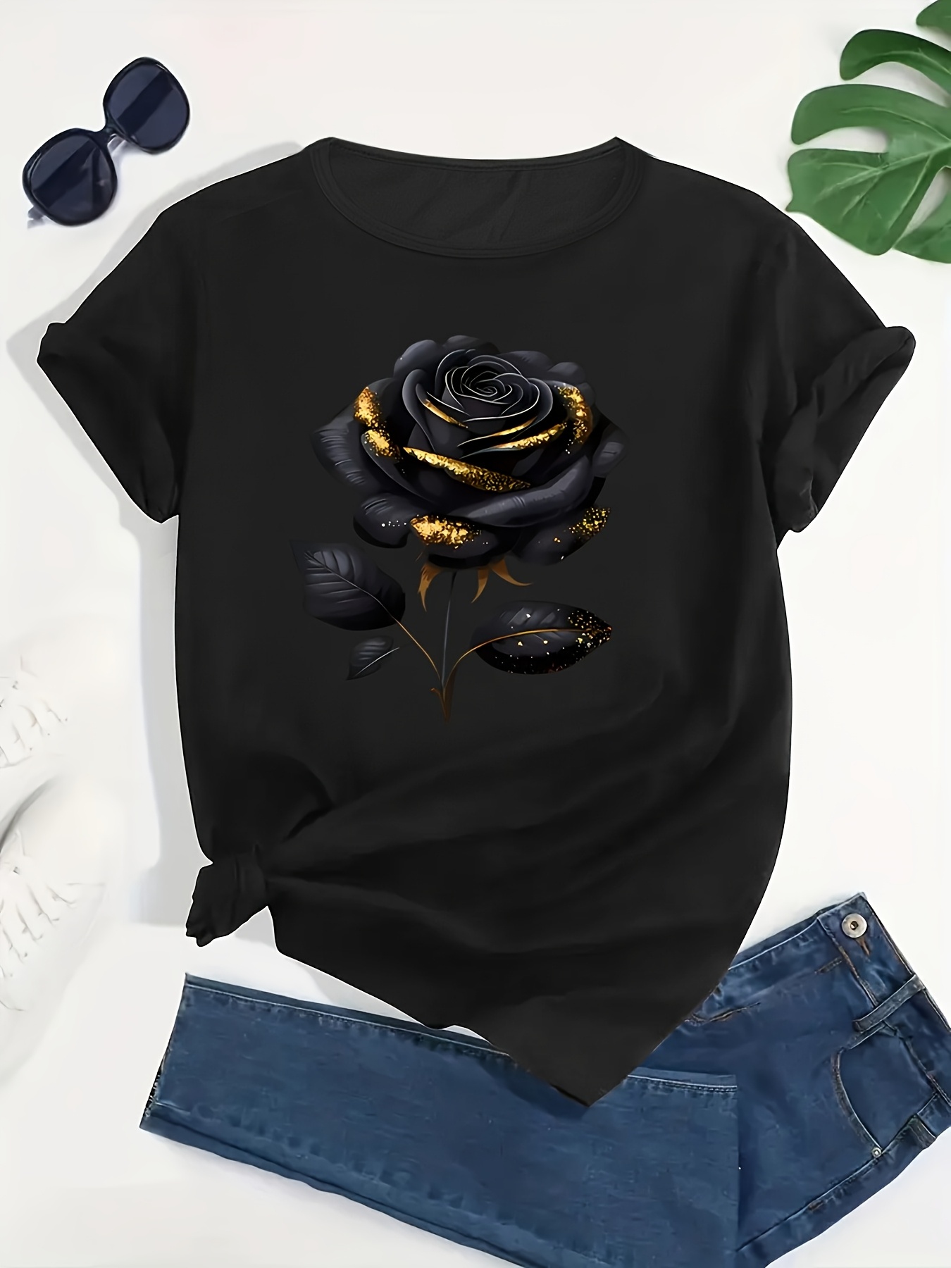 T-shirt noir surdimensionné pour femmes, grande taille, avec imprimé rose élégant, mode Harajuku Kawaii, vêtements Y2K pour femmes