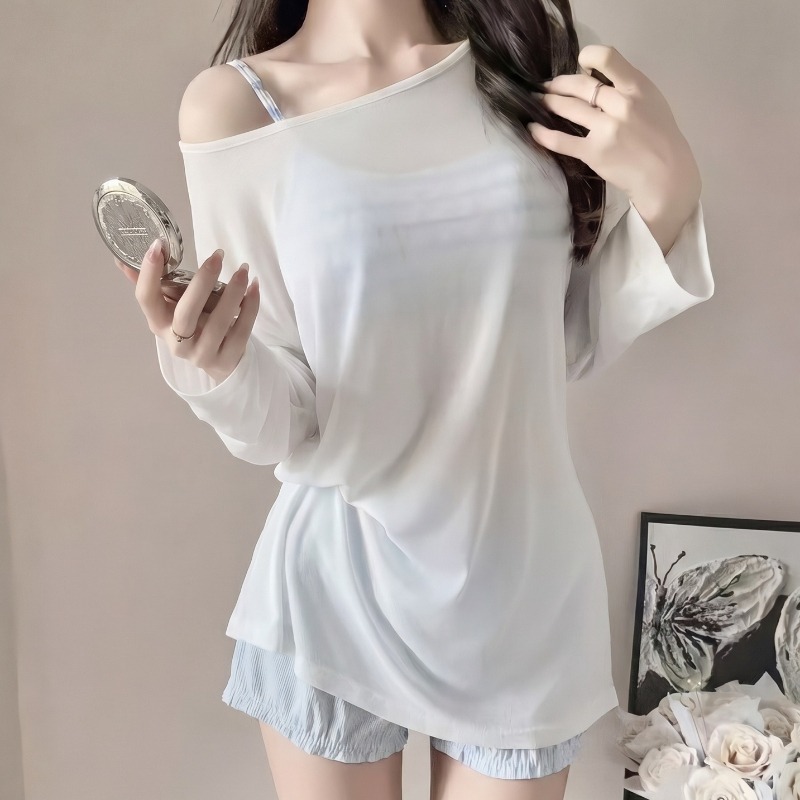 Camisole rayée pour femmes, épaules dénudées, manches longues, couverture en maille, short bleu clair avec cordon de serrage, maillot de bain d'été pour la plage
