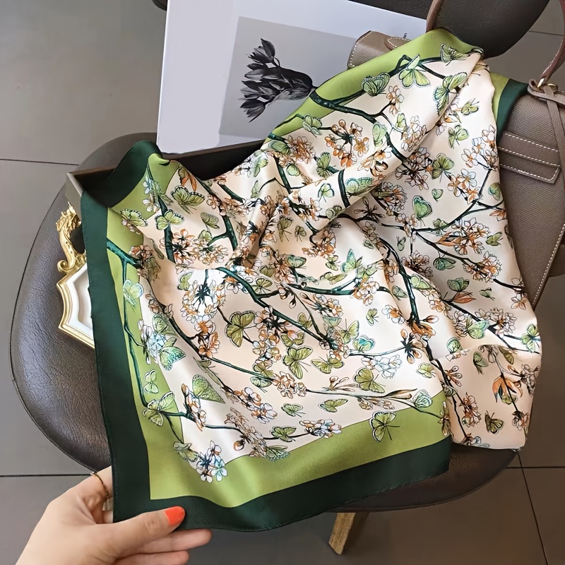 Foulard carré de luxe imprimé plante verte papillon, Style élégant, foulard fin et soyeux, foulard de protection solaire pour l'extérieur, printemps et été