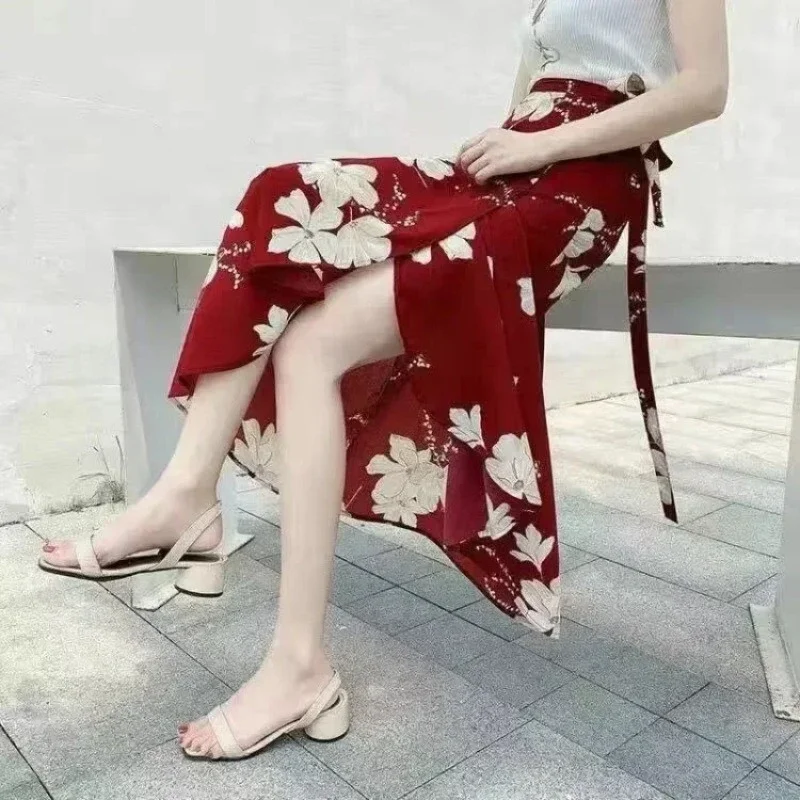 TOKITIND-Jupe ronde en mousseline de soie pour femme, décontractée, taille haute, à volants, jambes larges, adt