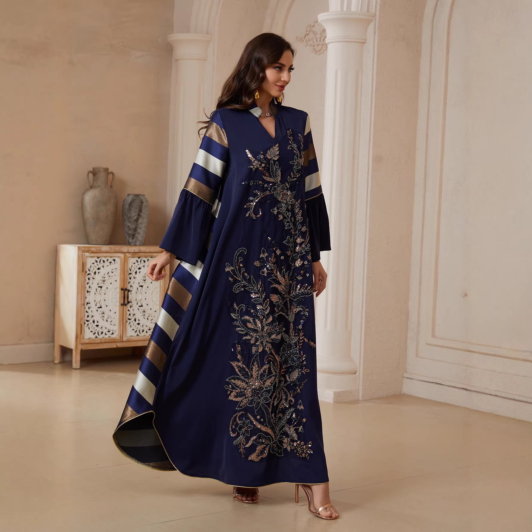 Robe longue Abaya Jalabiya pour femmes musulmanes, tenue de fête Eid, Kaftan Dubaï, Ramadan, avec sequins et patchwork, style arabe, Vestidos 2026