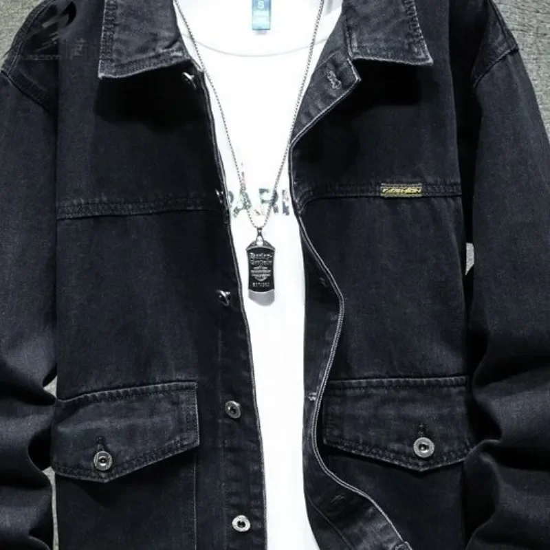 Vestes en jean cargo pour hommes, manteau en jean noir, vêtements à bas prix, tissu à bord, designer élastique, style coréen G, automne