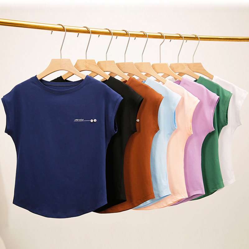 T-shirts amples pour femmes Été 2026 – Hauts à col rond et manches chauve-souris avec lettres – Coton élastique – Basiques Blanc Noir Rose