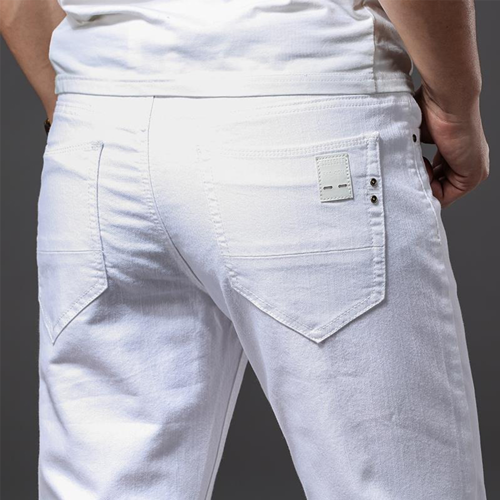 Jean blanc élastique pour hommes, coupe droite, Slim, décontracté, doux, Business, marque classique, pantalon en Denim extensible avancé à la mode