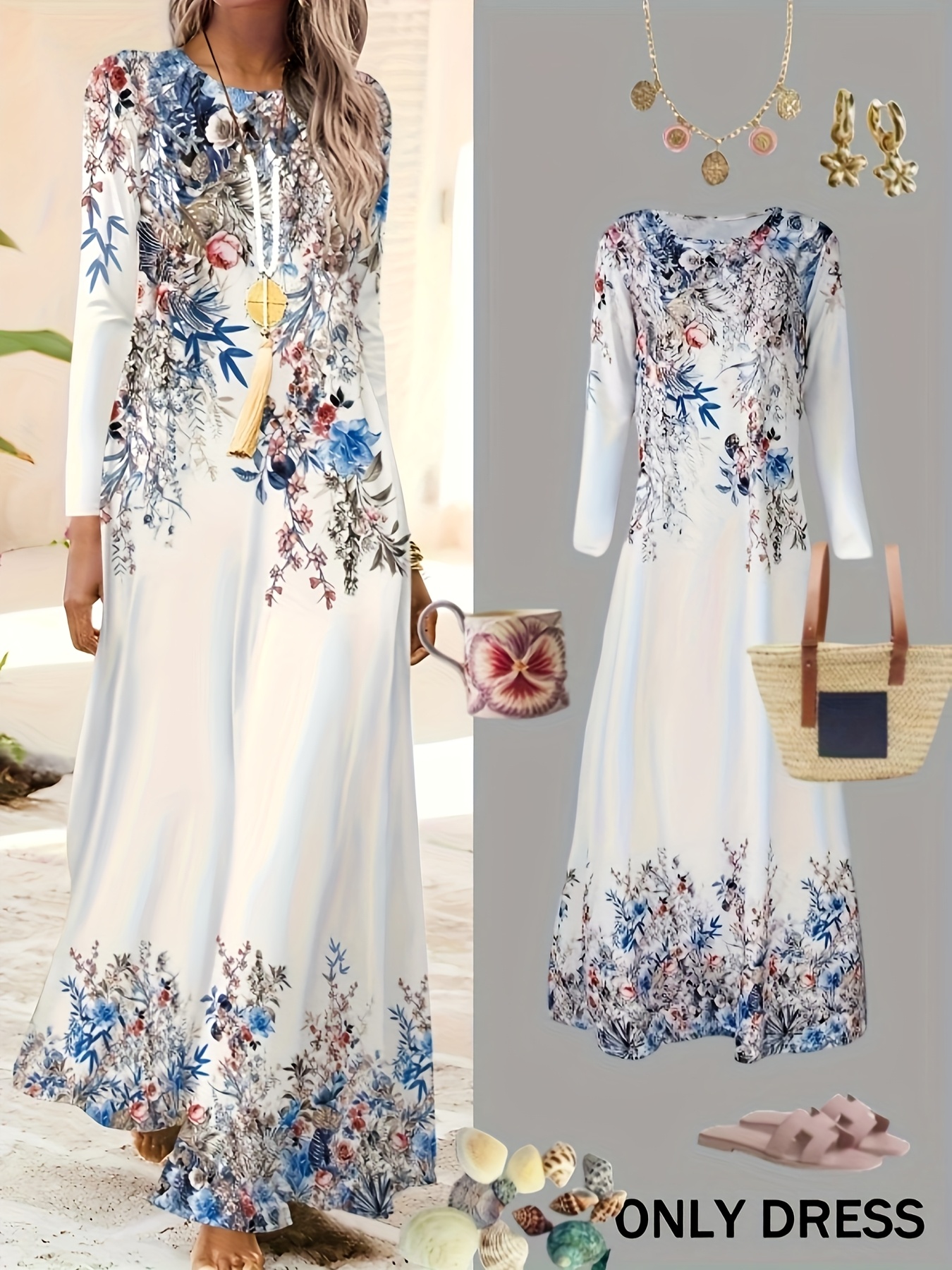 Robe décontractée à imprimé floral à manches longues et col rond pour femme, robe mi-longue moulante tendance pour l'été et l'automne, idéale pour le bureau