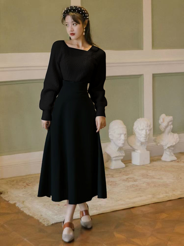 Ensemble deux pièces vintage pour femme, pull blanc à manches longues, pull et jupe maxi bandage noir, tenues élégantes pour femme, hiver