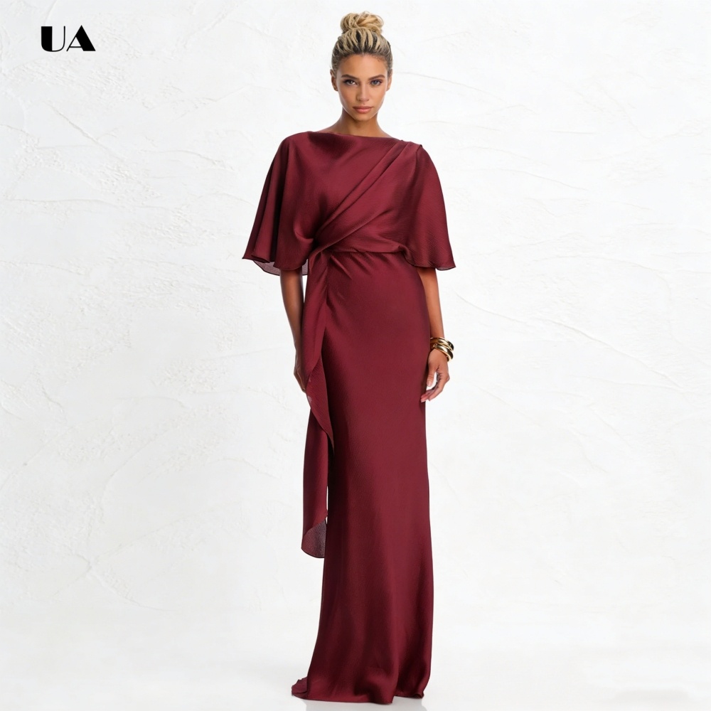 Robe de bal droite élégante avec col bateau, robe de soirée en Satin solide avec manches flottantes, robe de soirée drapée classique personnalisée