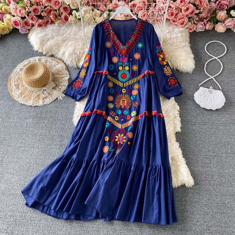 Robe de plage Vintage pour femmes, broderie florale, manches courtes, col en v, en coton et lin, style Boho, été