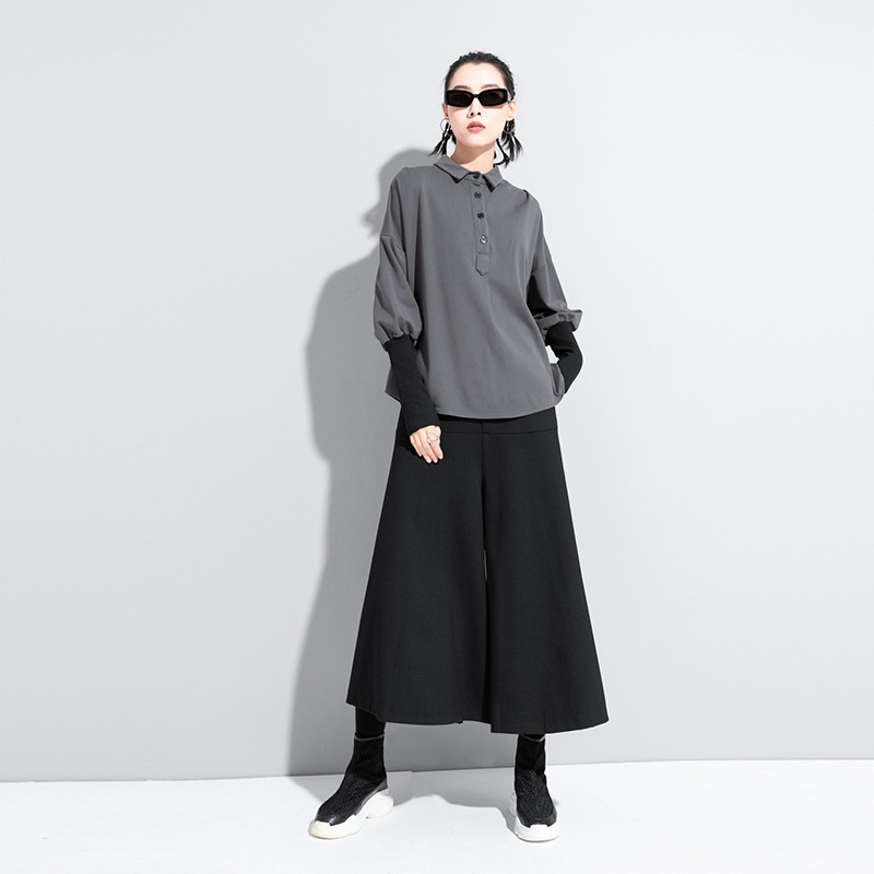 T-shirt noir à manches longues et col à revers pour femme, coupe ample, style décontracté vintage, hauts tendance, vêtements de mode printemps automne 2026