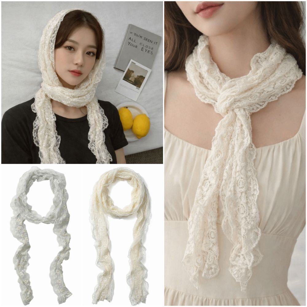 Écharpe de cou tendance en dentelle florale, bordure en dentelle, blanc beige, châle photo-prêt, long, fin, polyvalent, bandeau, accessoires photo