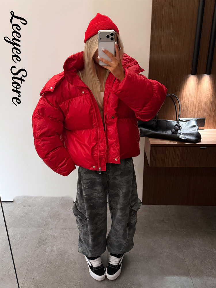 Veste matelassée à capuche rouge vif pour femme, col oversize, matelassage horizontal, épaisse et rembourrée, coupe courte, manteau chaud d'hiver
