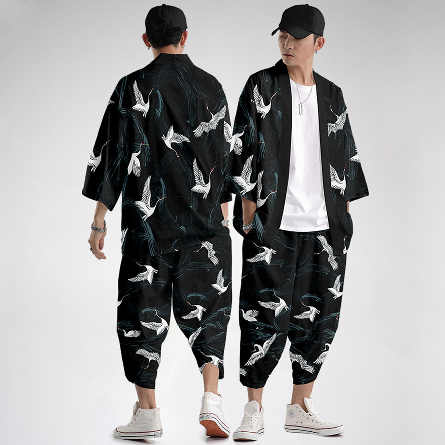Robe Harajuku, vêtements asiatiques tendance, kimono imprimé dragon anime + pantalon, streetwear japonais pour hommes et femmes, cardigan cosplay Haori