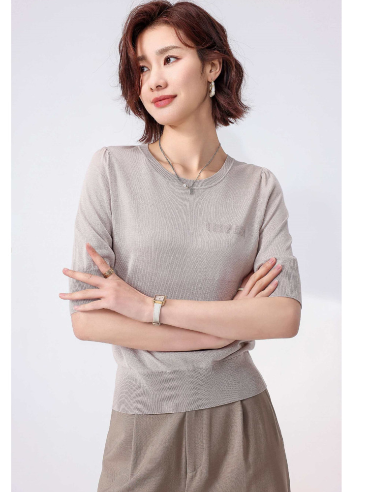T-shirt en tricot de soie de mûrier 5% pour femme, fin, à manches mi-longues, collection printemps-été