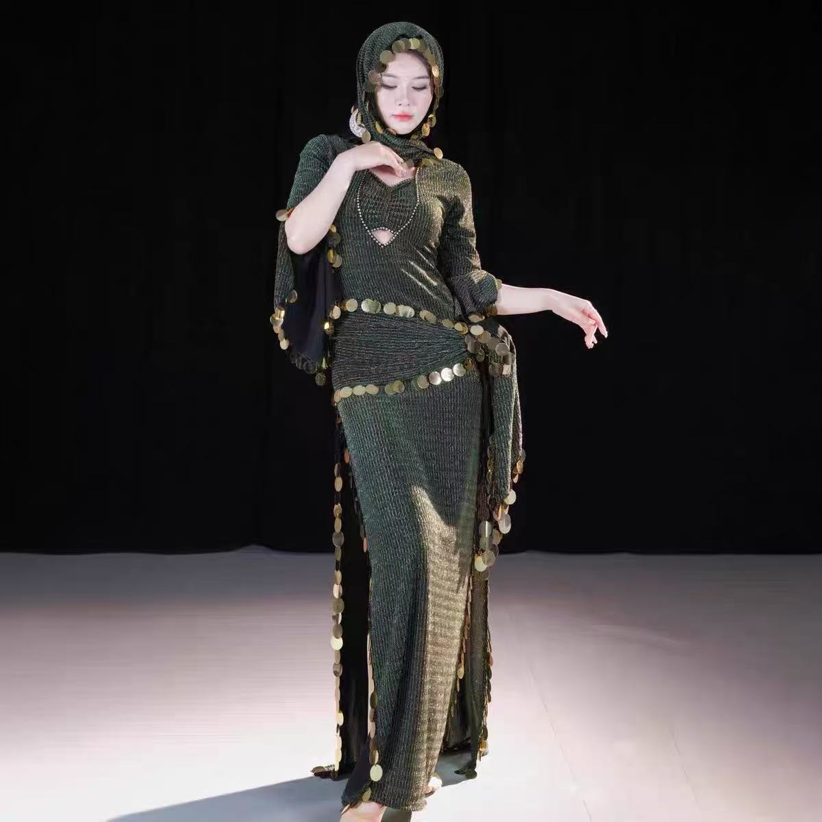 Costume de danse du ventre égyptien, Robe Hafla, Baladi Saidi, Galabeya Abaya, 4 pièces, Robe + coiffure + ceinture + sous-vêtements en coton