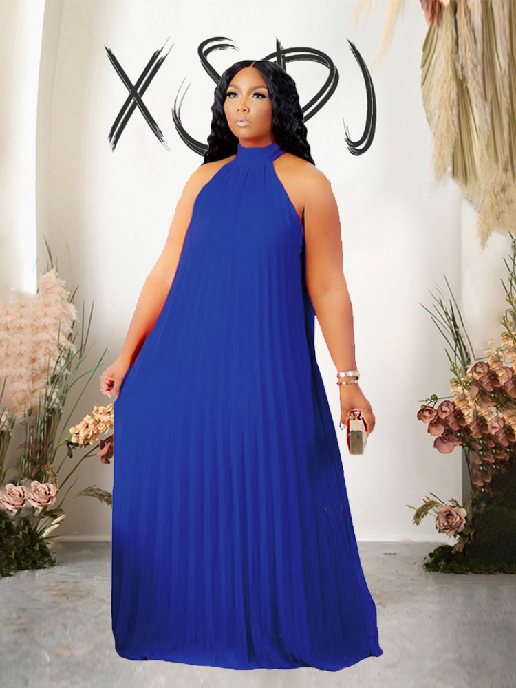 Robe longue plissée en mousseline de soie pour femme, robe de soirée élégante, grande taille, robe licou ronde, vêtements d'été sexy, grande taille