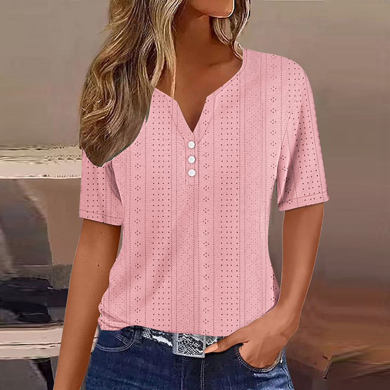 T-shirt décontracté à manches courtes et col en V pour femmes, t-shirt boutonné, t-shirts basiques d'été, pull élégant
