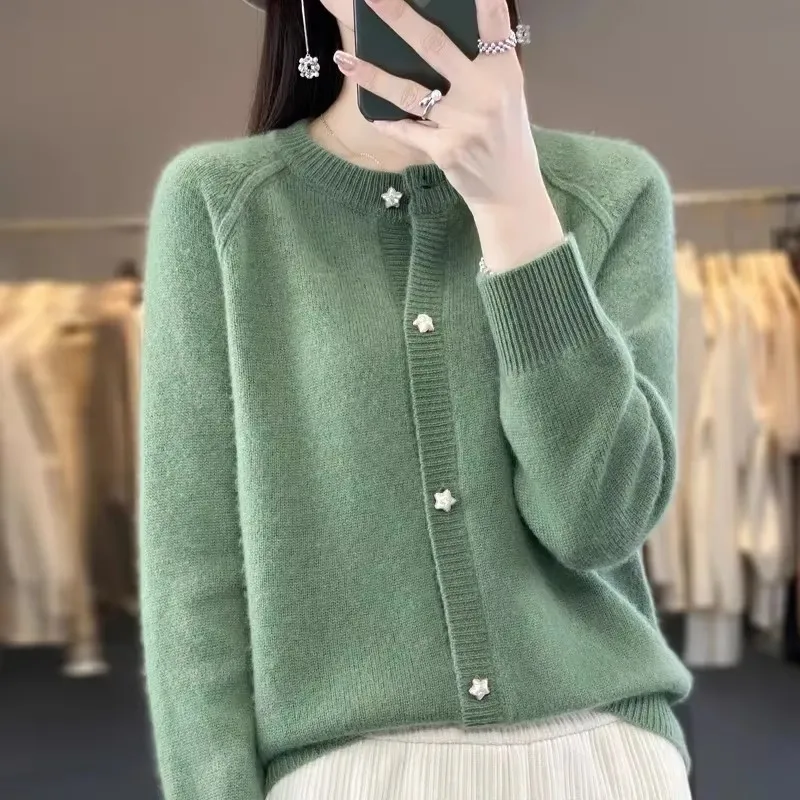 Nouveau femmes Cardigan pull automne/hiver col rond étoile bouton solide tricot chemise à bascule veste qualité tricots femmes hauts