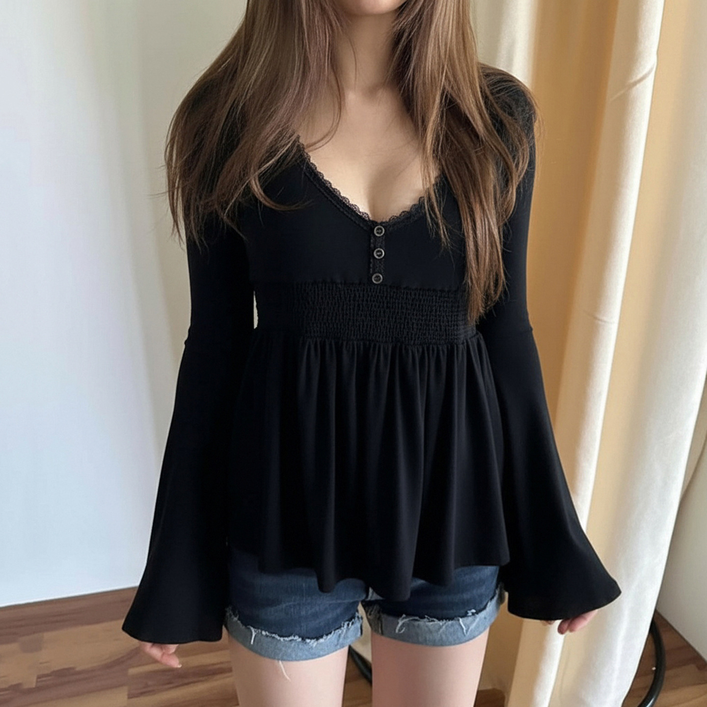 Pull en tricot pour femmes, chemisier Chic français, panneaux en dentelle, col bas, manches cloche, taille cintrée, haut trapèze, nouvelle collection 2025