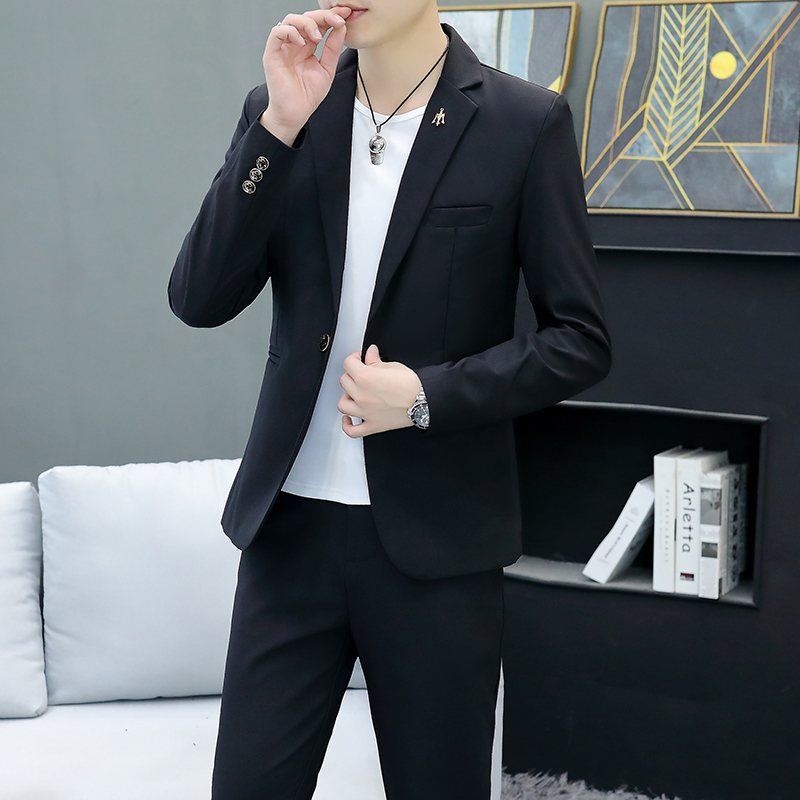 Costume deux pièces coupe cintrée, Style Business décontracté, couleur unie, robe d'automne avec pantalon inclus, Costume élégant pour hommes
