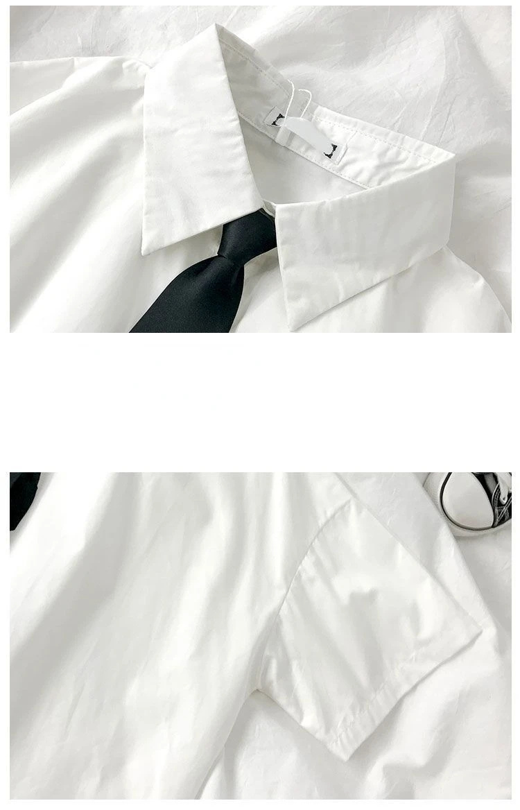 Chemisier blanc pour femme à manches courtes et col à revers avec nœud, style japonais, pour étudiante, été, quotidien, style universitaire