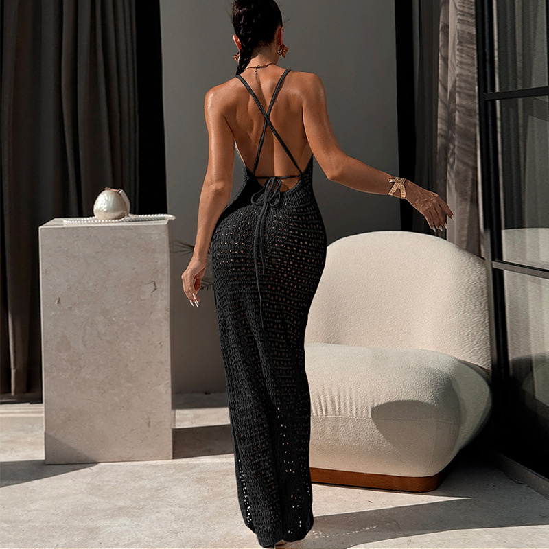 Sexy dos nu à lacets longue pansement robe en tricot femmes côté fente robe de plage pure Crochet Bikini couvrir maillot de bain maillot de bain pour femme