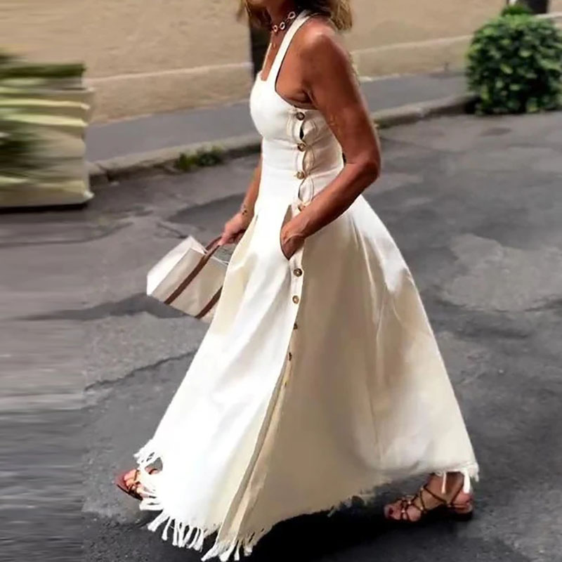 Robe longue d'été à Camisole blanche, décontractée, épaules dénudées, poches, coupe cintrée, élégante, pompon, Patchwork, taille haute, robes de soirée