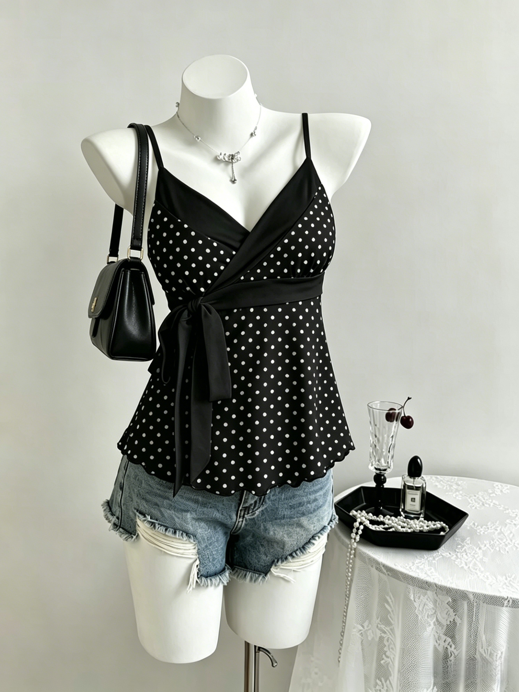 Camisole Femme à Bretelles Fines, Col Contrastant, Taille Nouée Latérale, à Pois, Ourlet Festonné, Style Y2K, Été 2026, pour Sorties, Décontracté, Streetwear