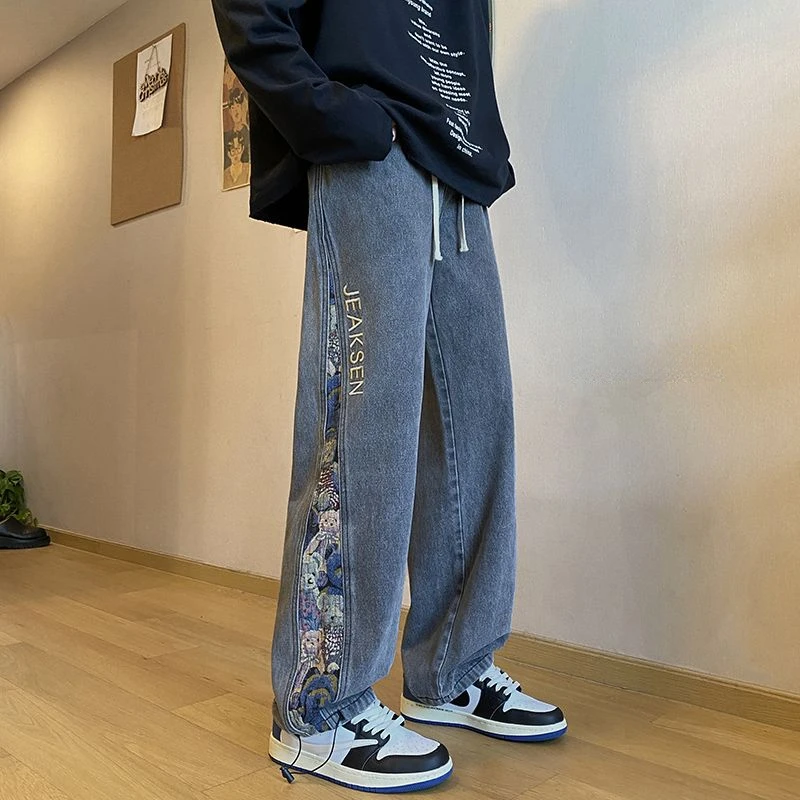 Jean ours brodé pour hommes, pantalon décontracté, jambe droite, jambe large, marque américaine, rue haute, mode printemps automne, 2023