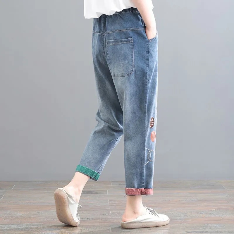 Jean taille haute pour femme, nouvelle version coréenne printemps-automne 2026, pantalon sarouel ample brodé avec patchs en tissu, longueur 7/8 pour femme
