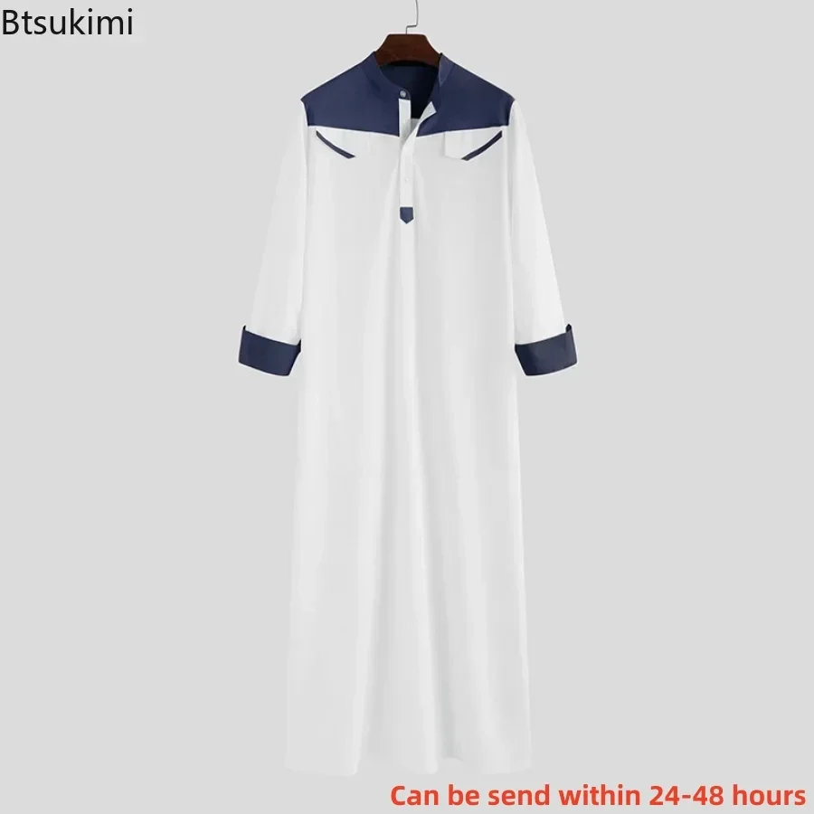 Thobe musulmane confortable pour hommes, Caftan à manches longues, couleur contrastée, vêtements musulmans, col Mandarin, Robe musulmane pour moyen-orient, 2026