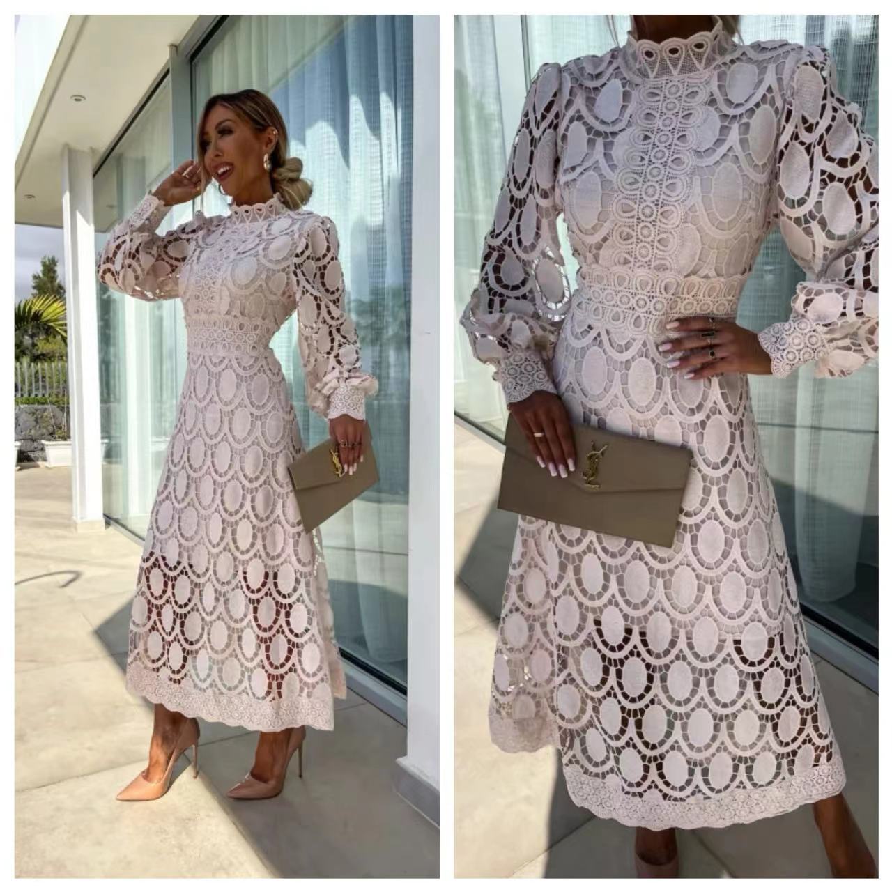 Robe mi-longue en dentelle française, col montant, manches bouffantes, élégante, moulante, pour femmes