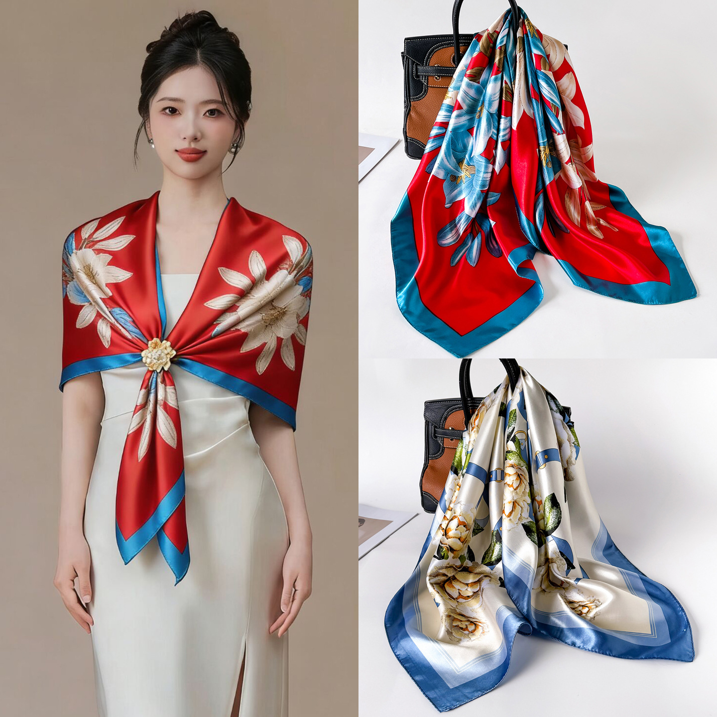 Nouvelle Collection Printemps : Grand Foulard en Soie Synthétique 90 cm, Châle Tendance pour Femme, Cadeau pour la Fête des Trois-Quatre-Neuf-Dix Dames