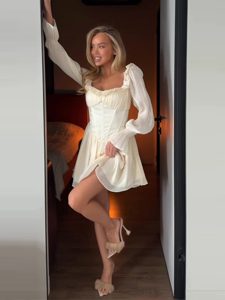 Robe élégante pour femme à col carré, manches longues, corset, volants, coupe évasée, style féerique, collection été 2026, Vestidos