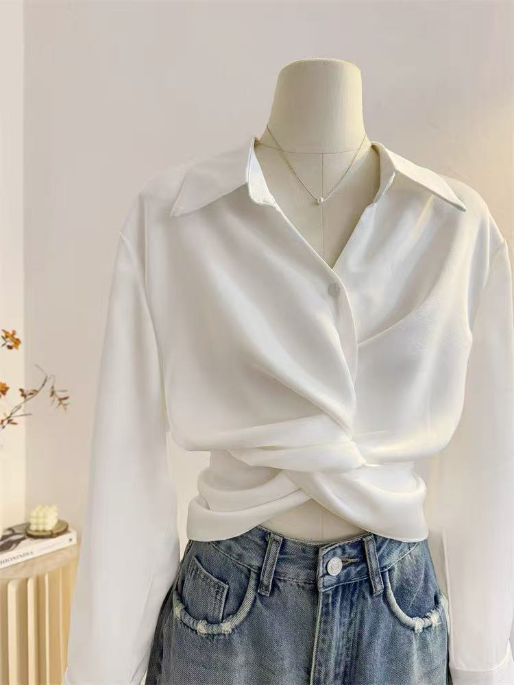 Coréen Chic croix femmes chemises blanches élégant un bouton à manches longues en mousseline de soie hauts Harajuku asymétrie tout Match revers Blouse Mujer